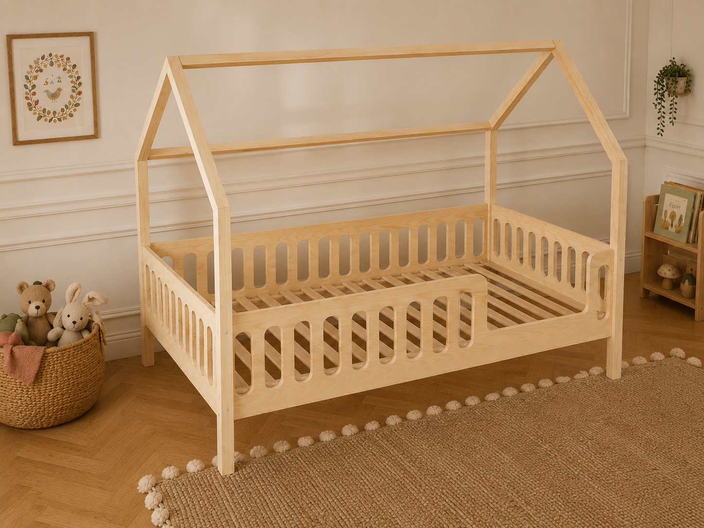 Lit double en bois en forme de maison avec toit cabane 120x200 – Lit Tendre Cocon