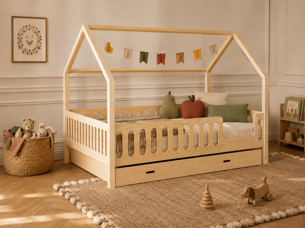 Lit double en bois en forme de maison avec toit cabane 120x200 – Lit Tendre Cocon