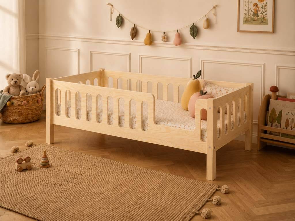 Lit simple 80x160 en bois avec barrières de protection arrondies – Lit Nuage