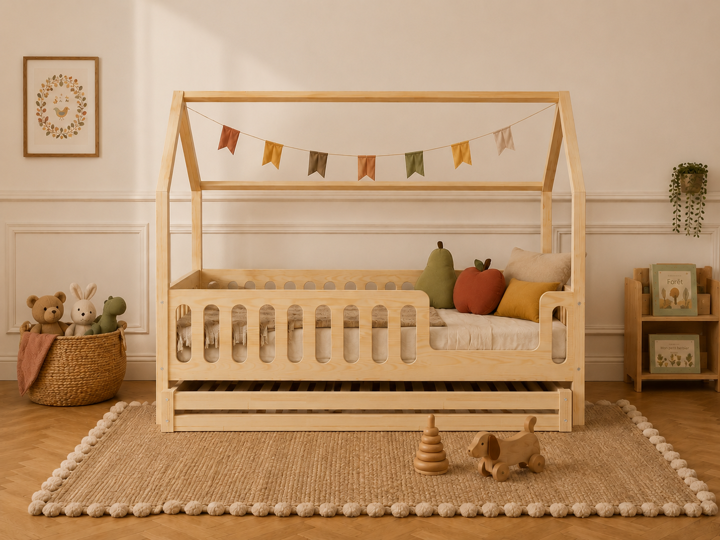 Lit double en bois en forme de maison avec toit cabane 120x200 – Lit Tendre Cocon