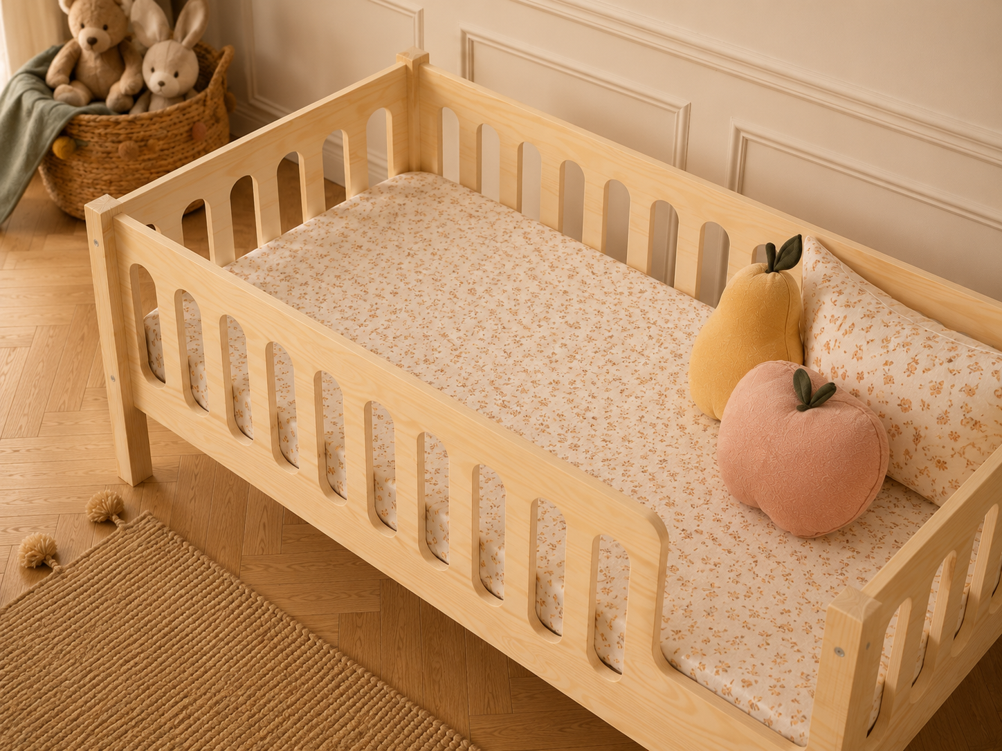 Lit enfant en bois ras du sol avec panneaux ajourés 90x190 – Lit Farandole