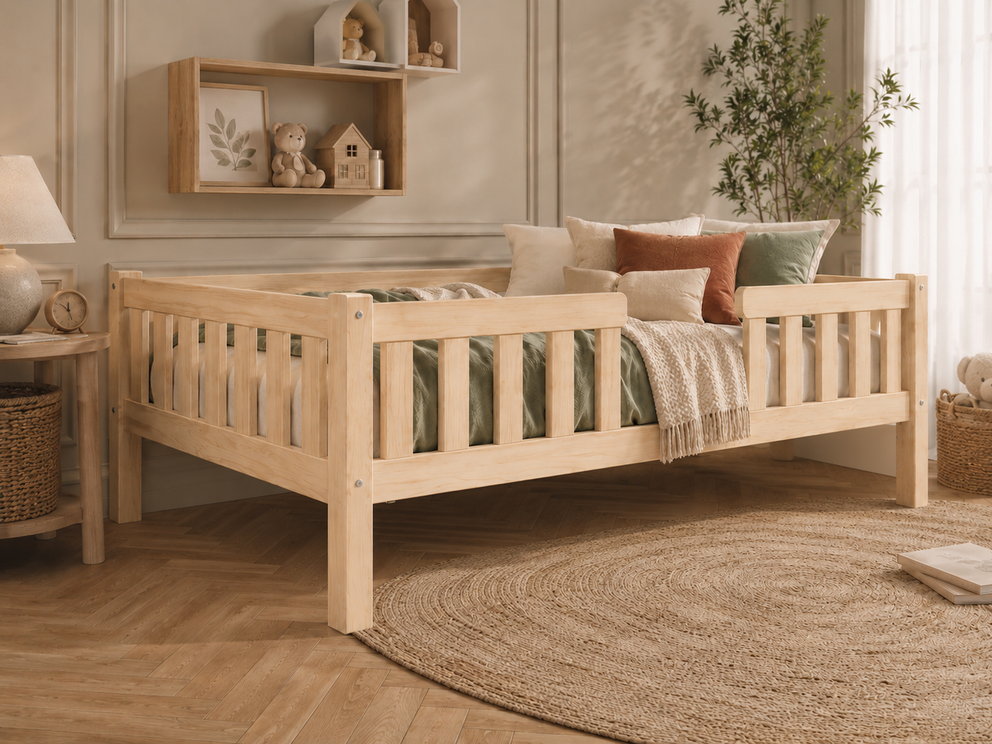 Lit double enfant en bois sur pieds avec barrières à barreaux 140x200 – Lit Farandole