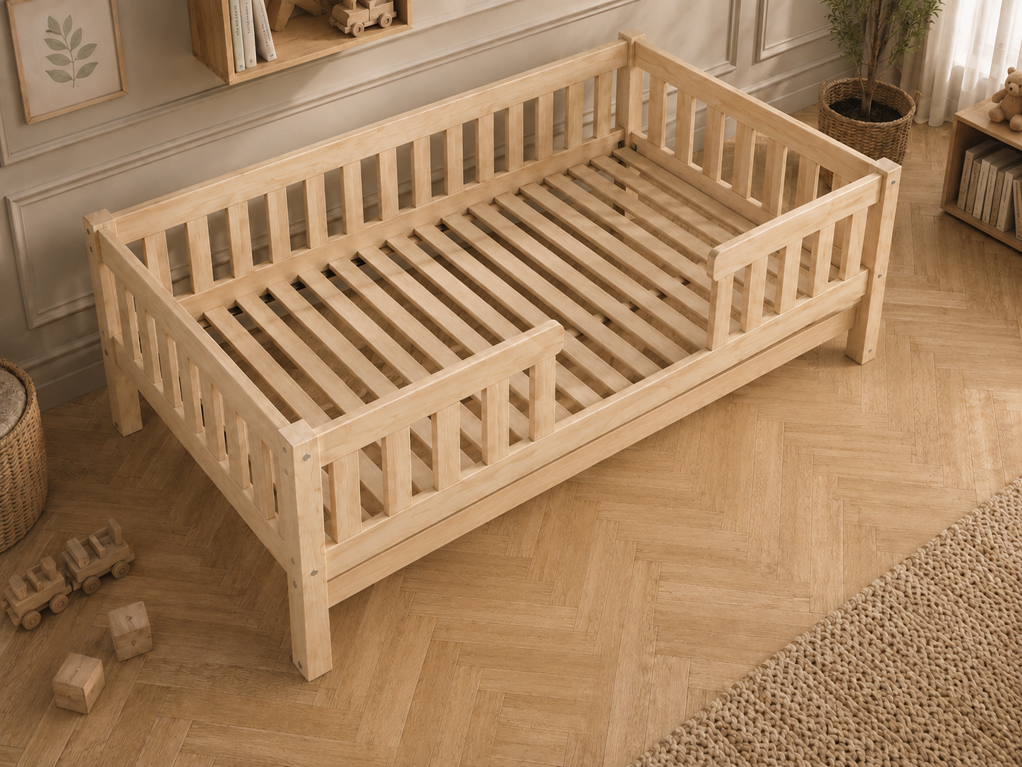 Lit double enfant en bois sur pieds avec barrières à barreaux 140x200 – Lit Farandole