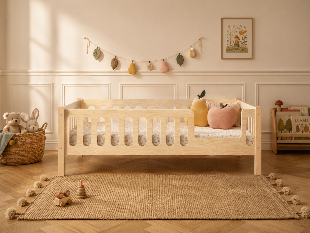 Lit enfant en bois ras du sol avec panneaux ajourés 90x190 – Lit Farandole