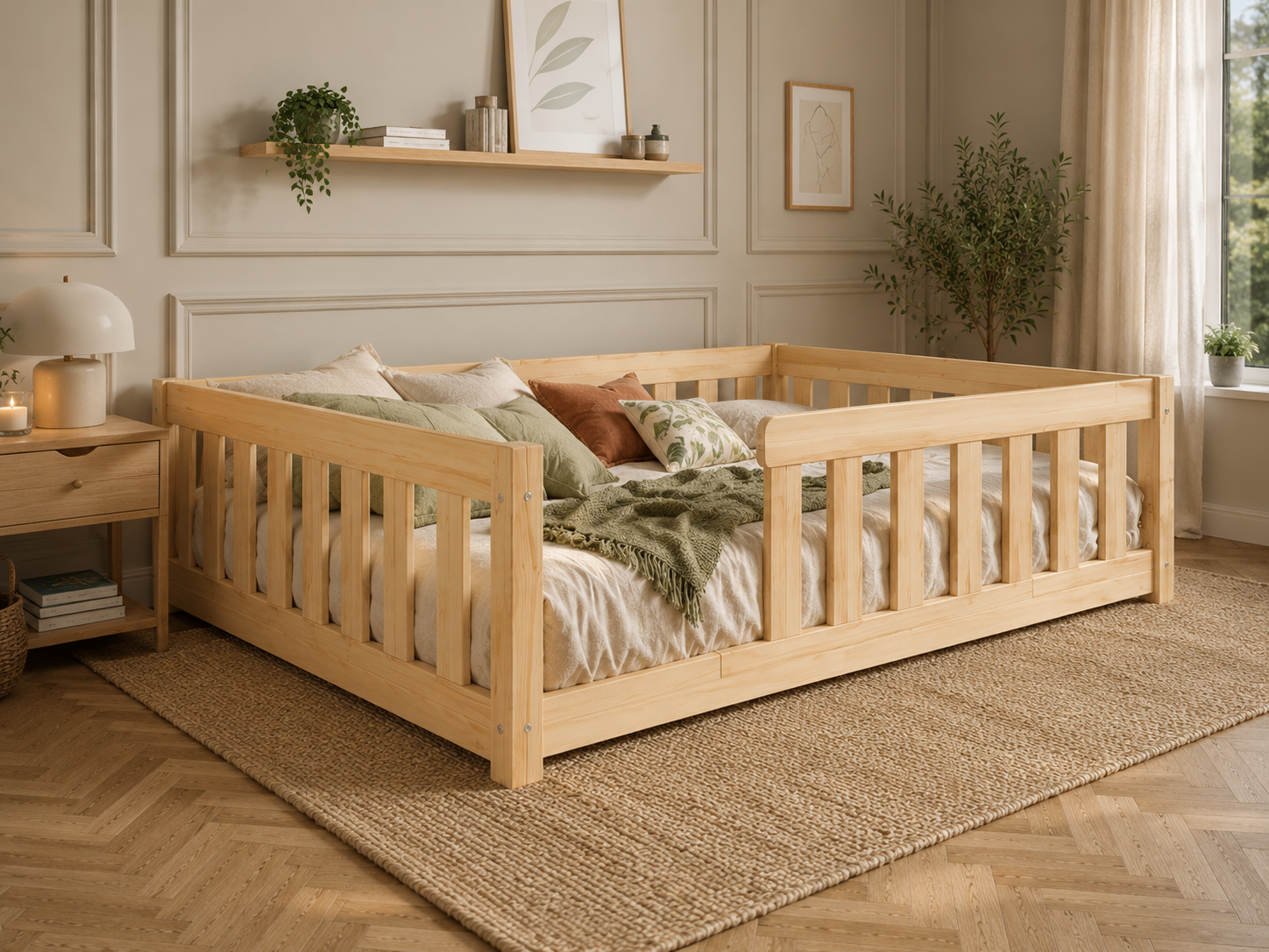 Lit double enfant en bois ras du sol avec barrières à barreaux 140x200 – Lit Petit Nid