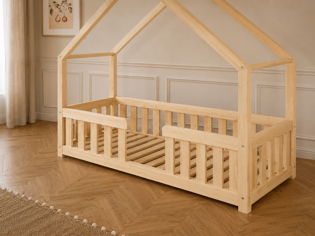 Lit double cabane en bois forme maison 120x200 – Lit Cocon