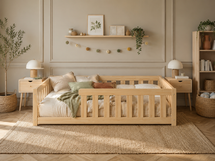 Lit double enfant en bois ras du sol avec barrières à barreaux 140x200 – Lit Petit Nid