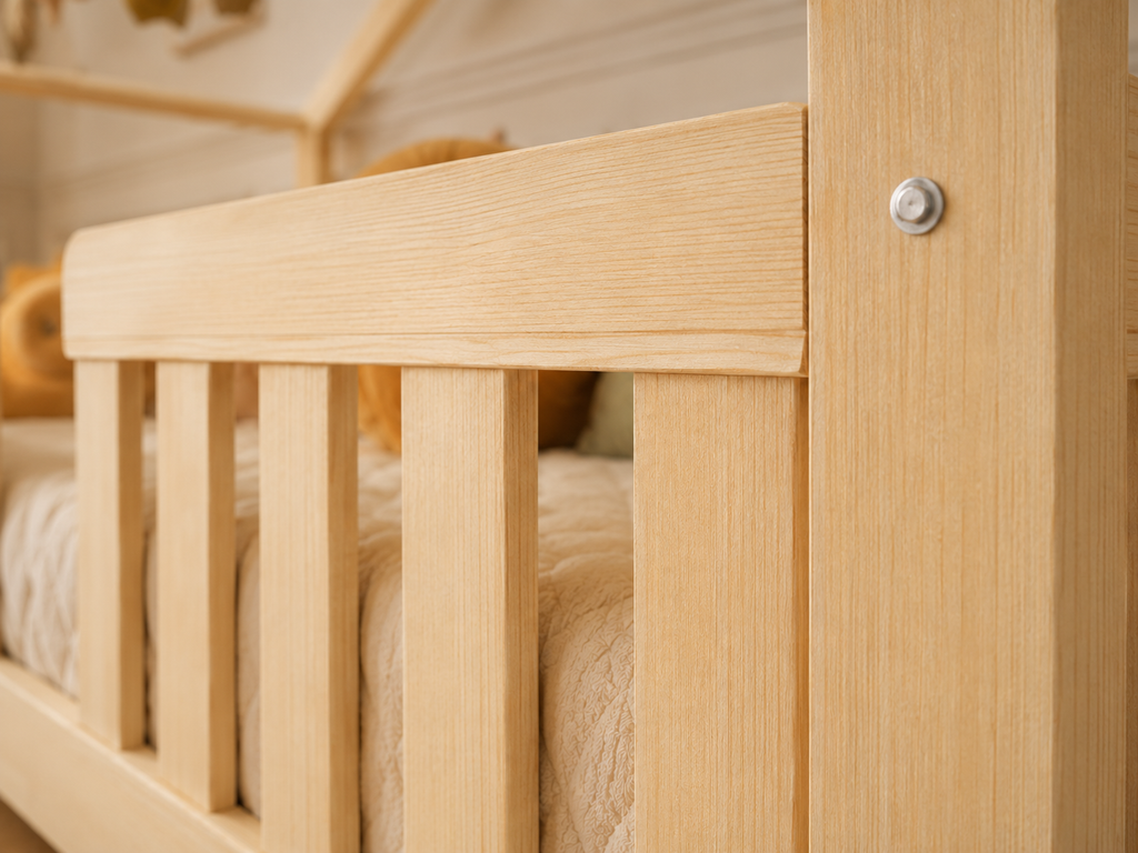 Lit double enfant en bois façon cabane avec barrières 140x200 – Lit Berceuse