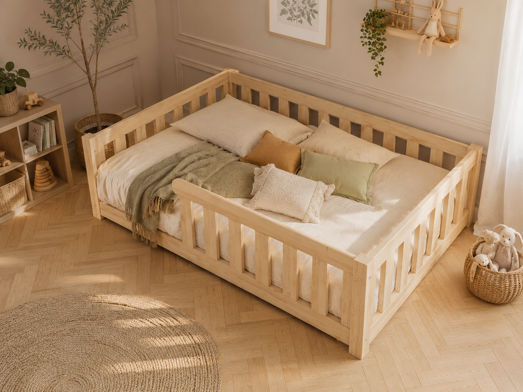 Lit double enfant en bois ras du sol avec barrières à barreaux 140x200 – Lit Petit Nid