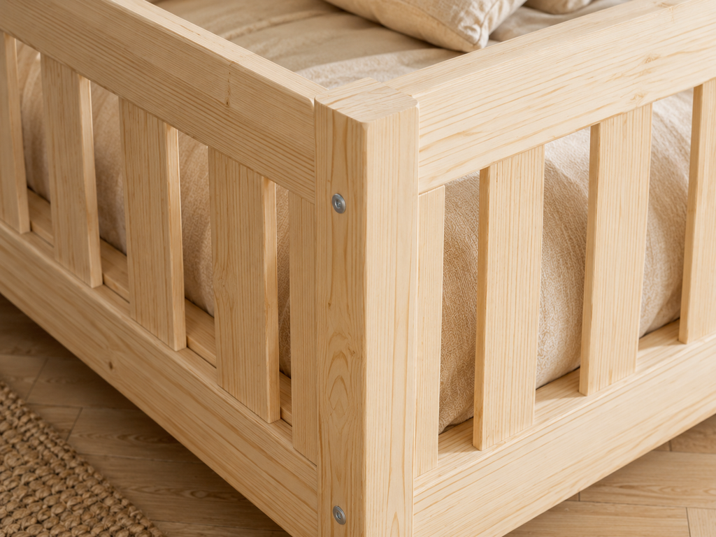 Lit double Montessori 120x200 en bois avec barrières de sécurité et petits barreaux – Lit Cocon