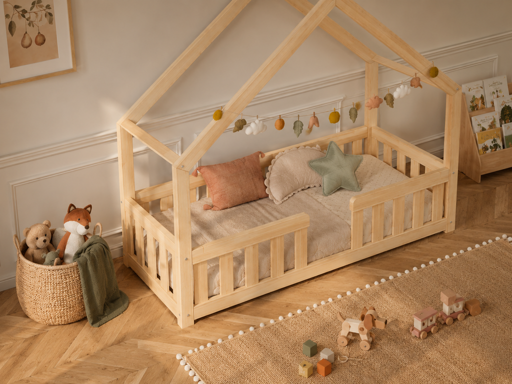 Lit double enfant en bois façon cabane avec barrières 140x200 – Lit Berceuse