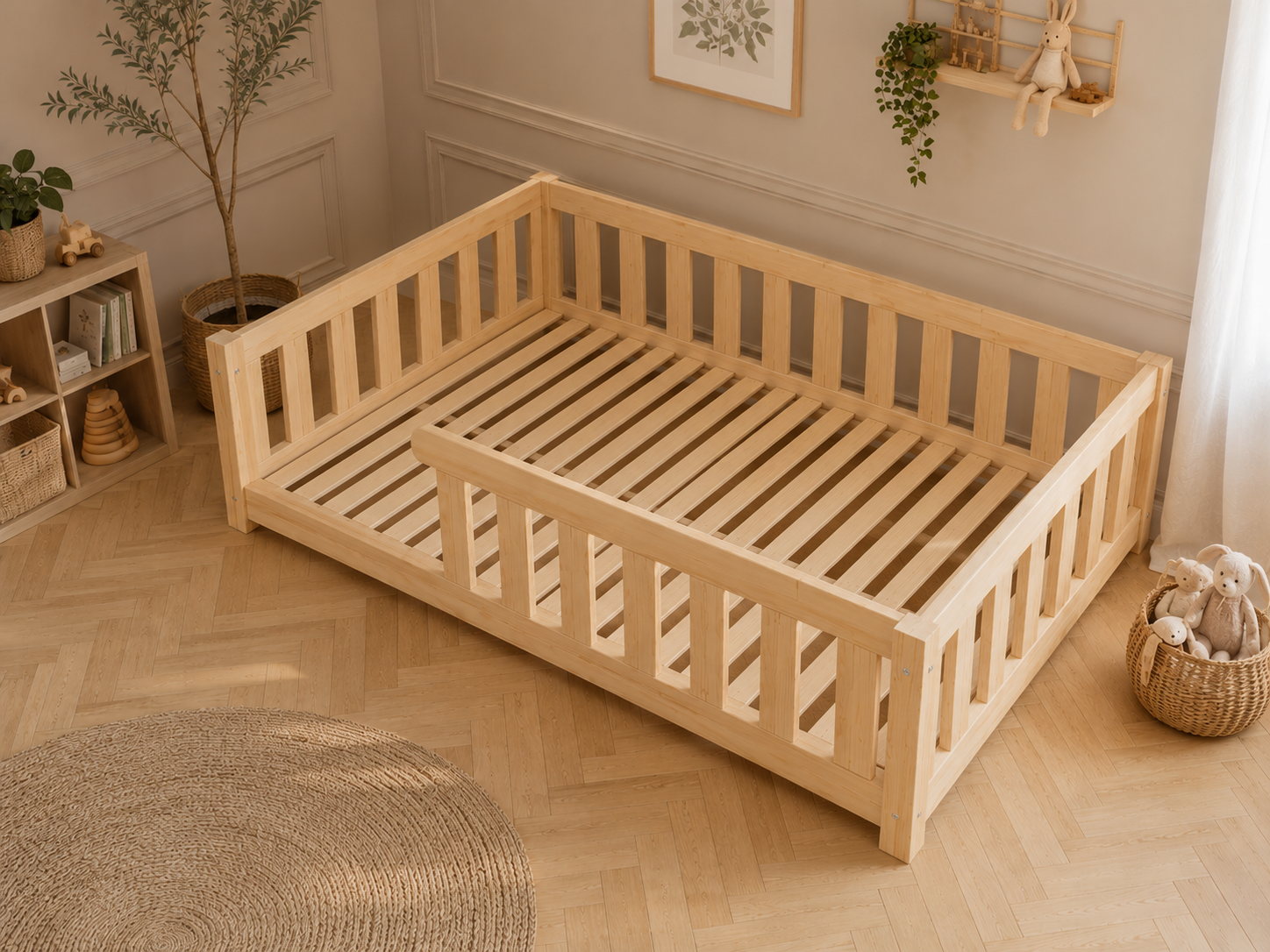 Lit double Montessori 120x200 en bois avec barrières de sécurité et petits barreaux – Lit Cocon