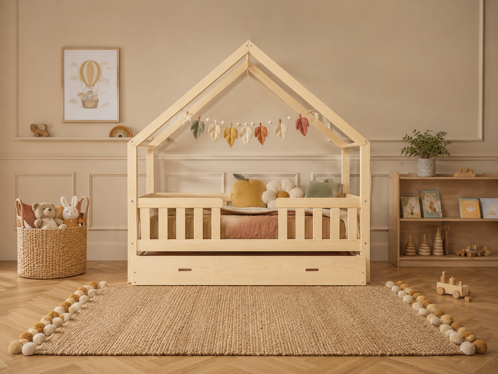 Lit double cabane en bois avec barrières de protection 120x200 – Lit Cocon