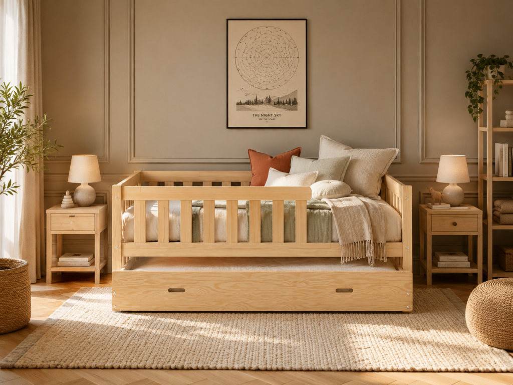 Lit double Montessori 120x200 en bois avec barrières de sécurité et petits barreaux – Lit Cocon