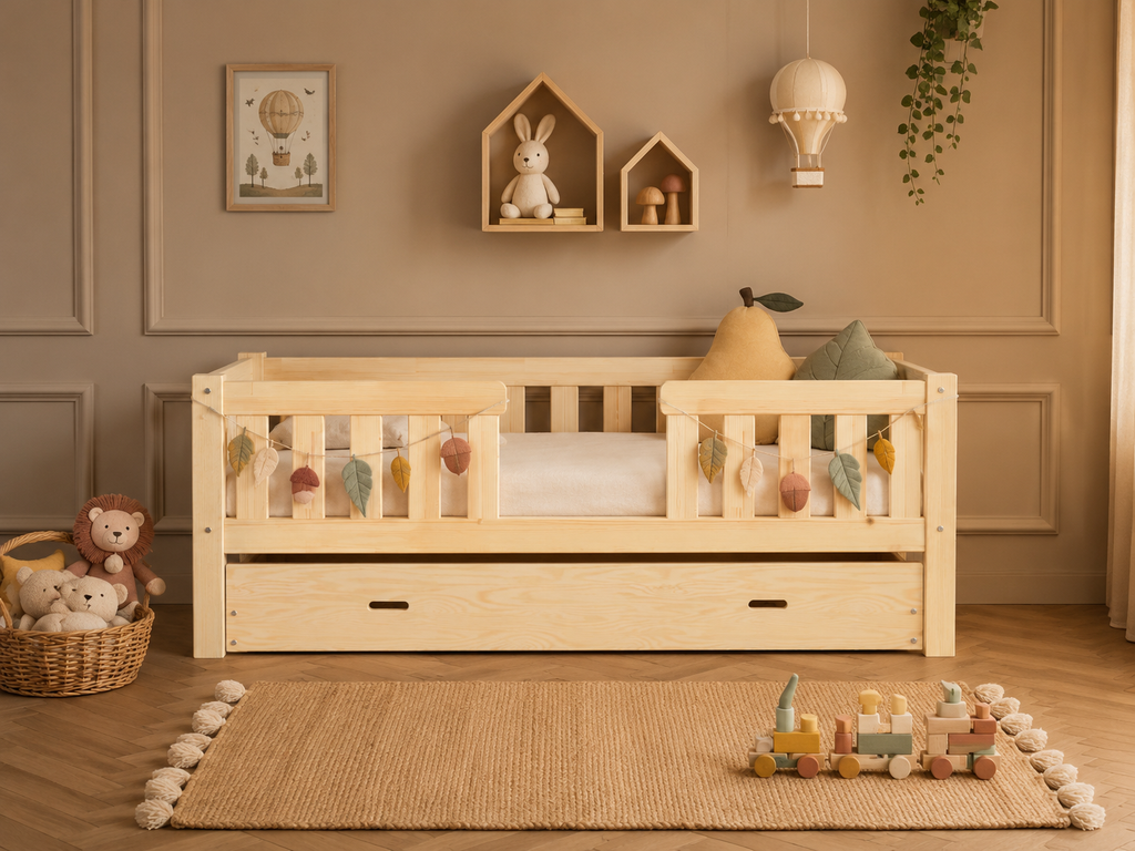 Lit simple en bois avec tiroir de rangement et barrières 90x190 – Lit Bulle