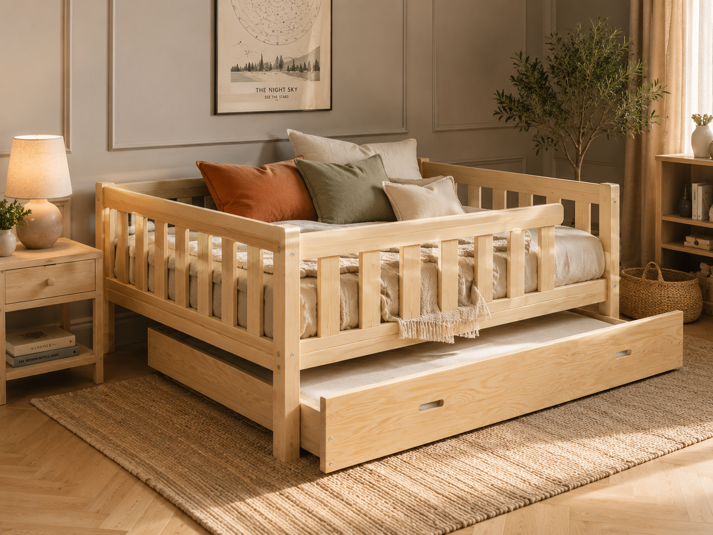 Lit double Montessori 120x200 en bois avec barrières de sécurité et petits barreaux – Lit Cocon
