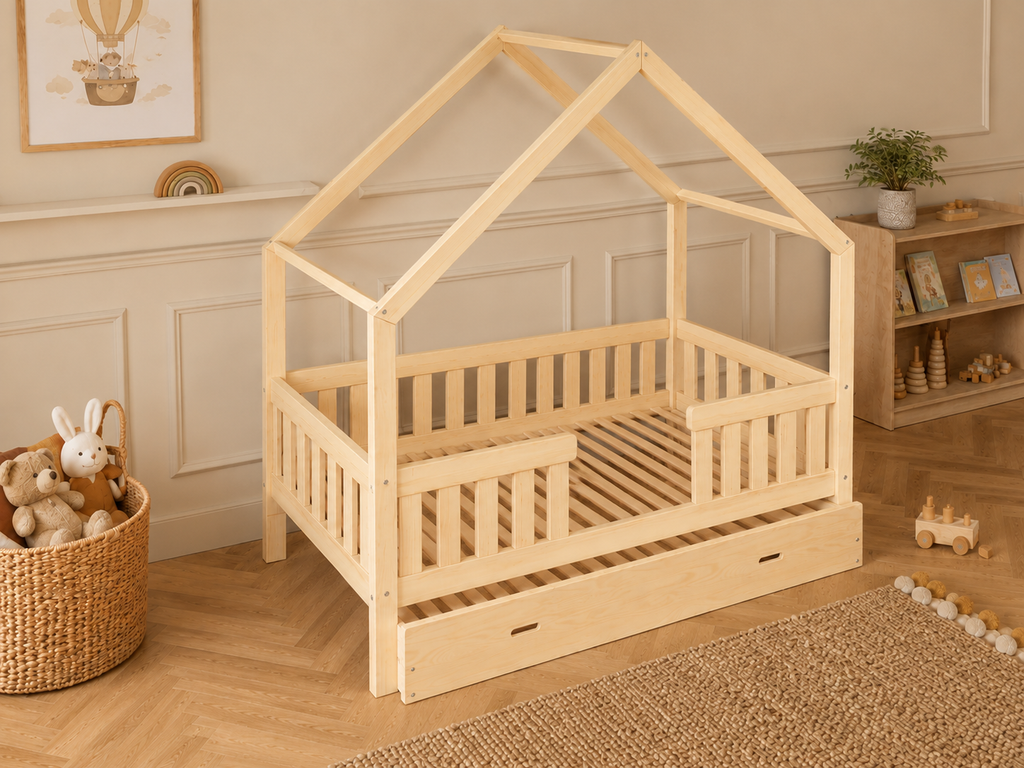 Lit double enfant en bois façon cabane avec barrières et tiroir 140x200 – Lit Nuage