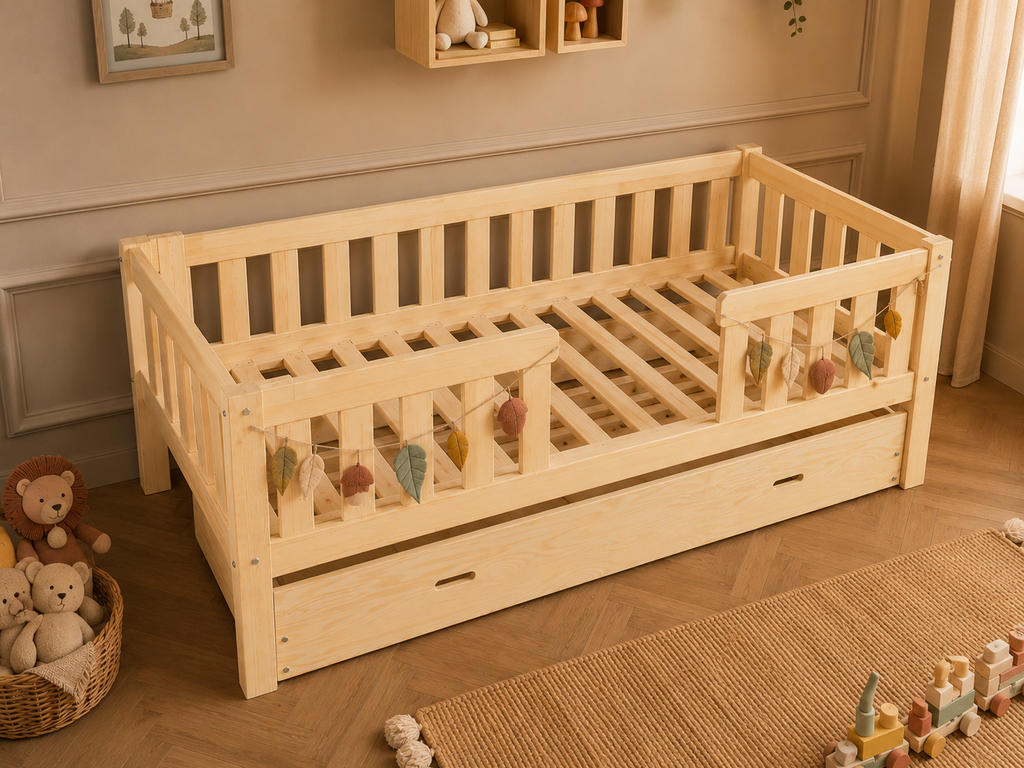 Lit simple 80x160 en bois avec barrières de protection verticales – Lit Câlin