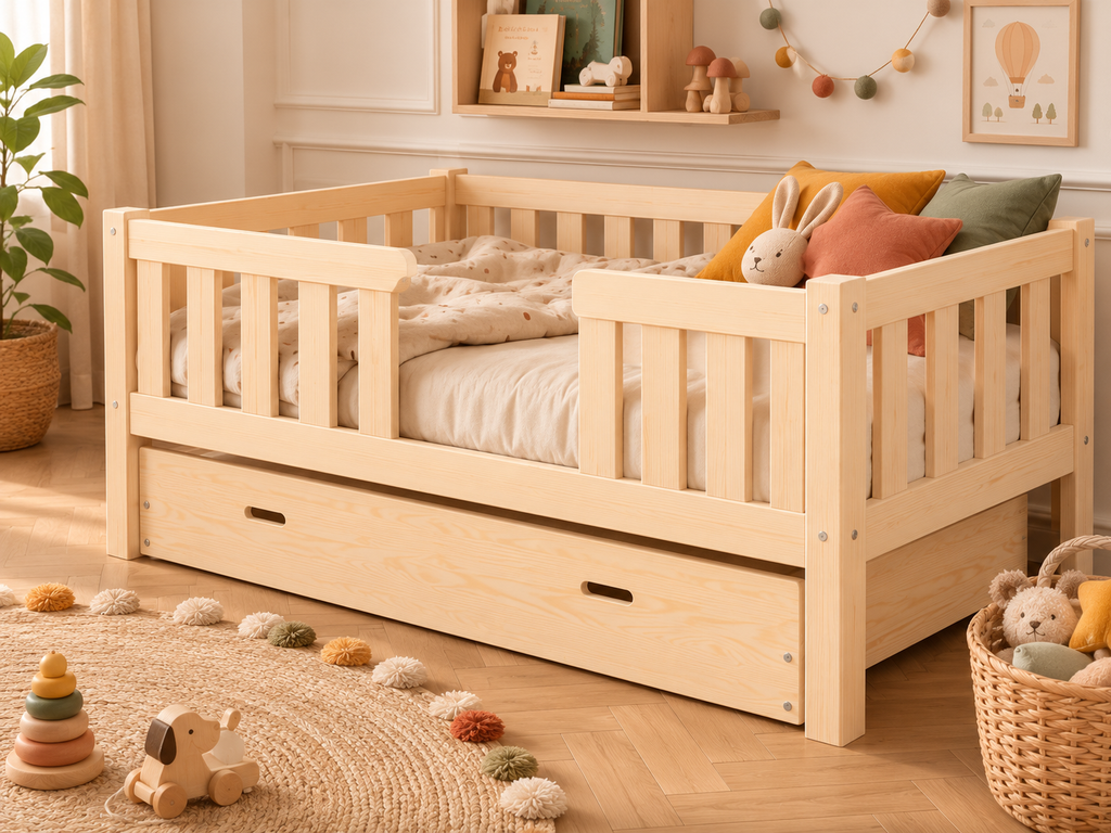 Lit simple 80x160 en bois avec barrières de protection verticales – Lit Câlin