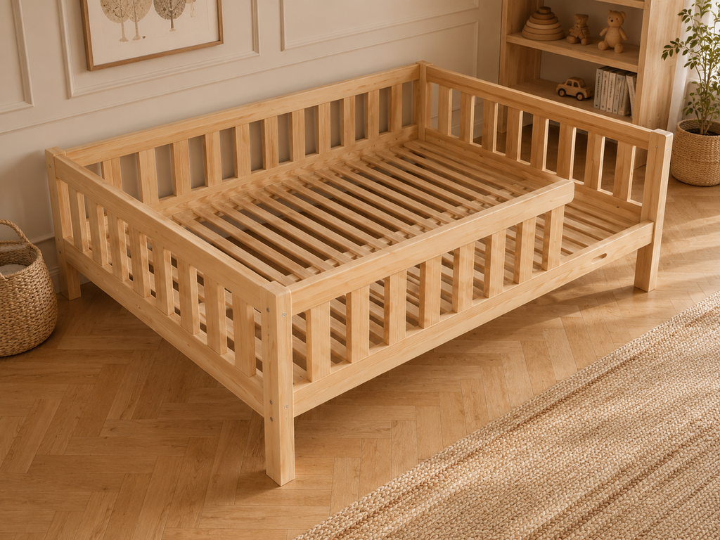 Lit double enfant en bois sur pieds avec barrières à larges barreaux 140x200 – Lit Doudou