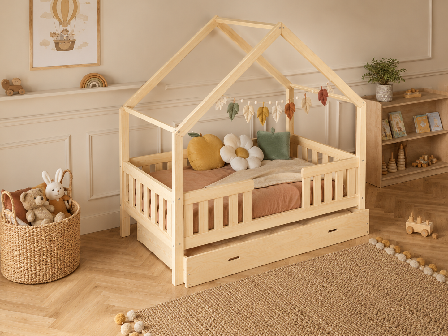 Lit double enfant en bois façon cabane avec barrières et tiroir 140x200 – Lit Nuage