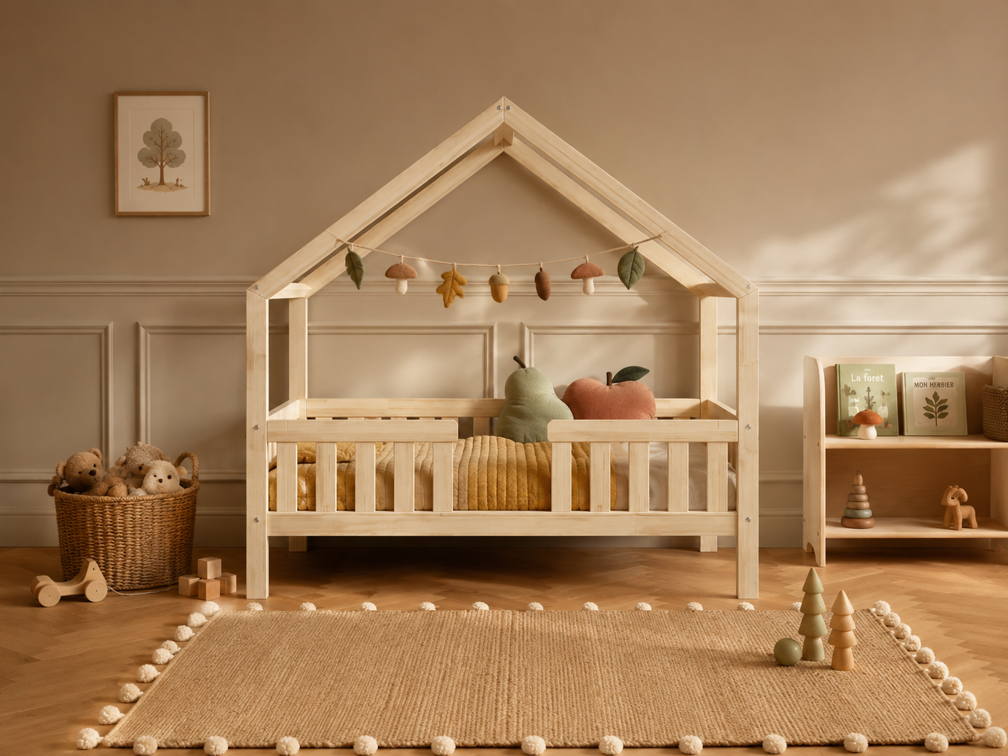 Lit double enfant en bois façon cabane avec barrières et tiroir 140x200 – Lit Nuage