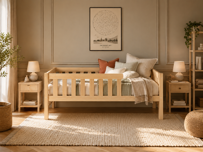 Lit double enfant en bois sur pieds avec barrières à larges barreaux 140x200 – Lit Doudou