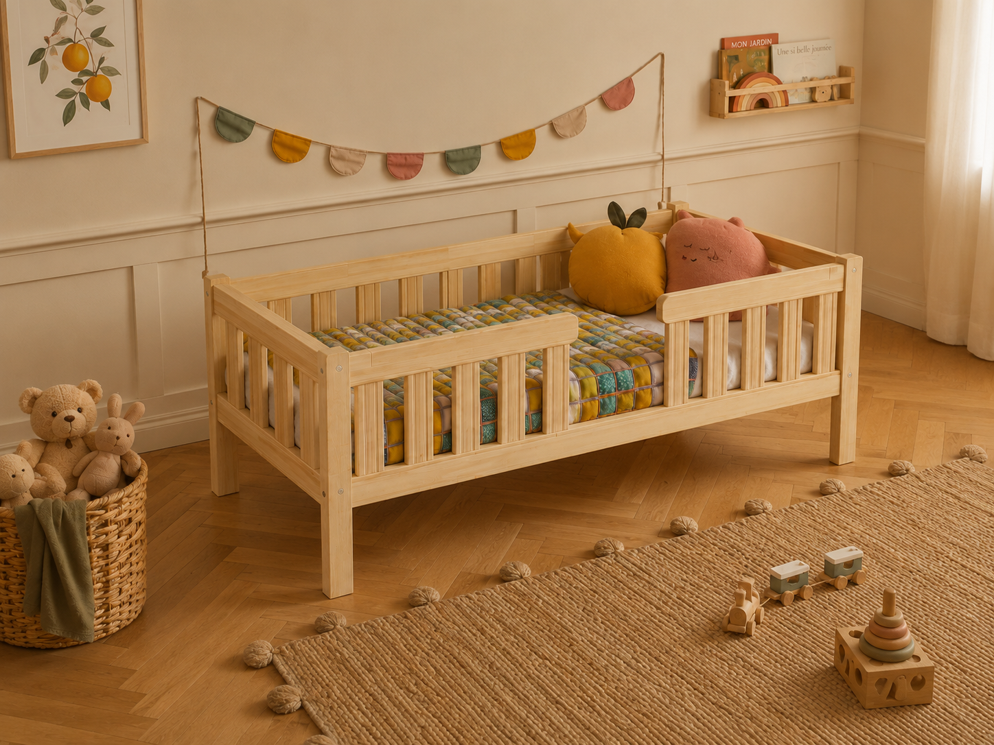 Lit simple en bois avec tiroir de rangement et barrières 90x190 – Lit Bulle