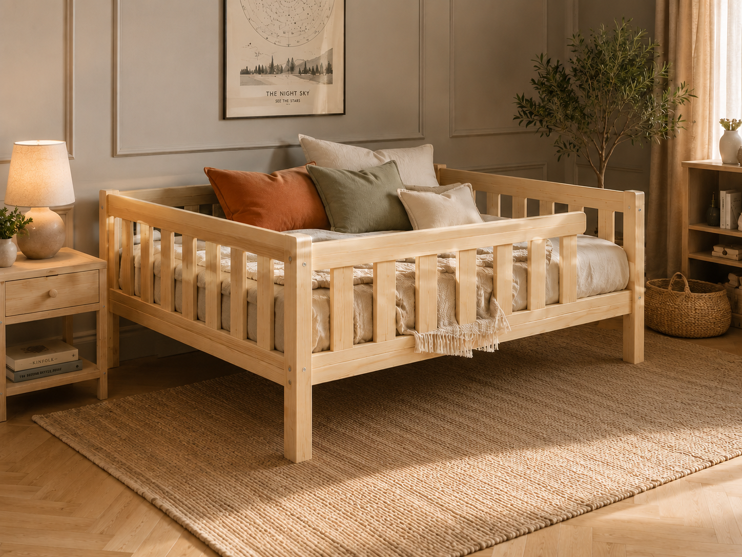 Lit double enfant en bois sur pieds avec barrières à larges barreaux 140x200 – Lit Doudou