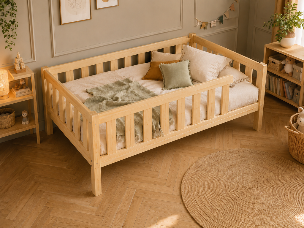 Lit double enfant en bois sur pieds avec barrières à larges barreaux 140x200 – Lit Doudou