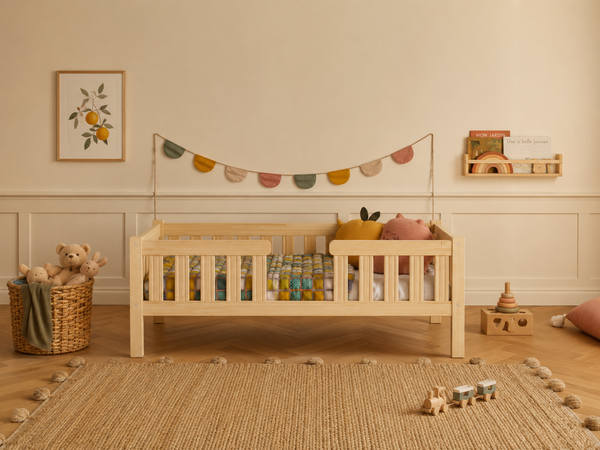 Lit simple en bois avec tiroir de rangement et barrières 90x190 – Lit Bulle