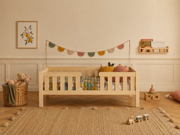 Lit simple 90x190 en bois avec barrières protectrices – Lit Tendresse