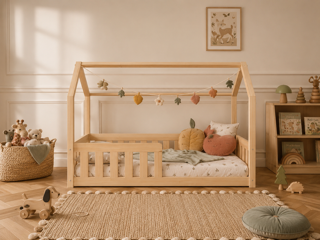 Lit double en bois en forme de maison avec barrières de sécurité 120x200 – Lit Cocon