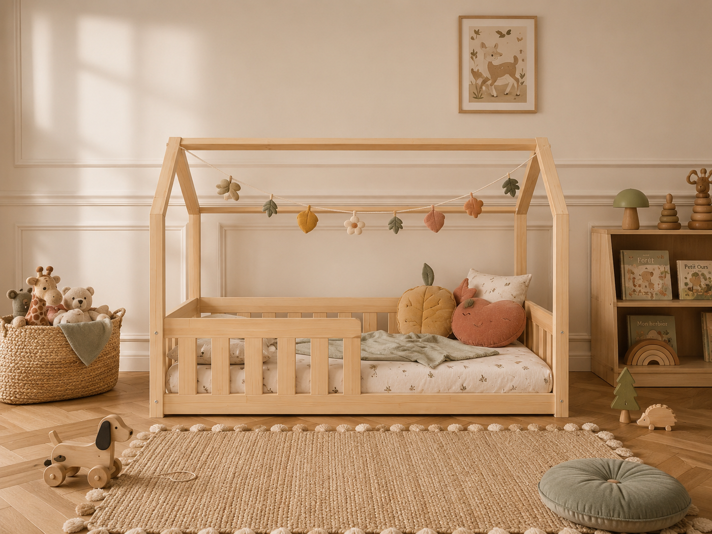 Lit double en bois en forme de maison avec barrières de sécurité 120x200 – Lit Cocon