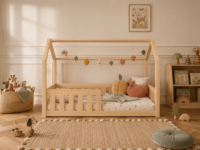 Lit double cabane Montessori 120x200 en bois avec toit façon maisonnette et barrières de sécurité – Lit Étoilé