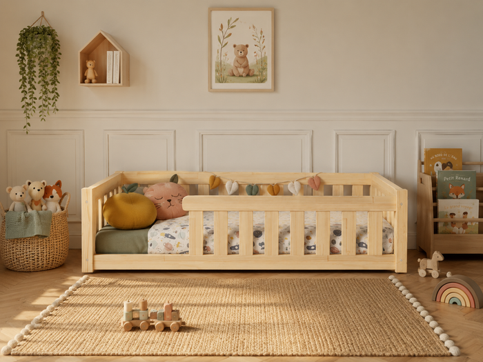 Lit simple Montessori 90x190 en bois avec barrières à barreaux rassurantes – Lit Petit Nid