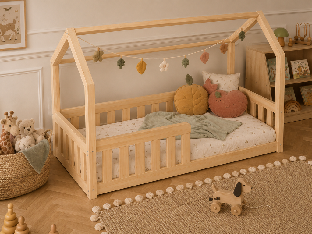 Lit double en bois en forme de maison avec barrières de sécurité 120x200 – Lit Cocon