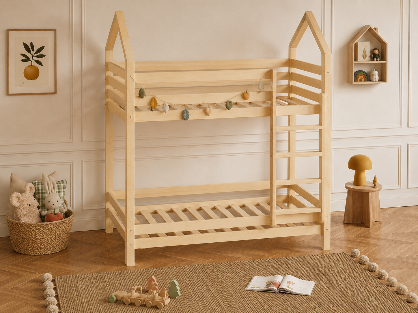 Lit superposé en bois avec toits façon cabane 90x190 – Lit Lucioles