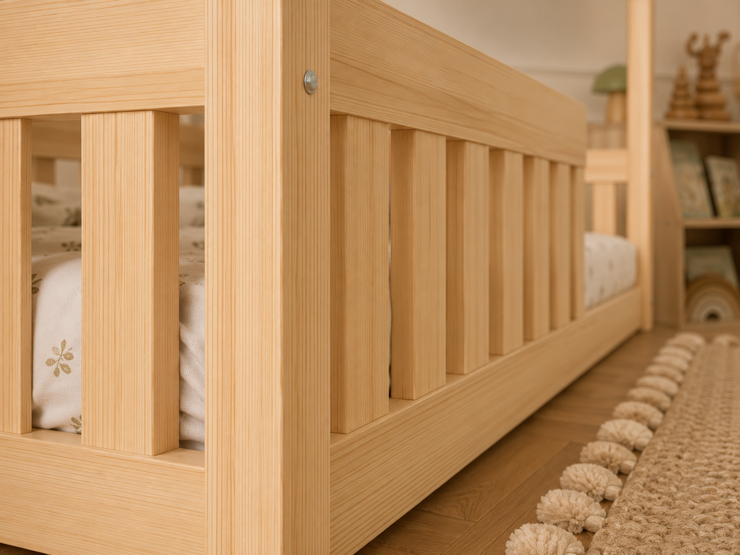 Lit double en bois en forme de maison avec barrières de sécurité 120x200 – Lit Cocon