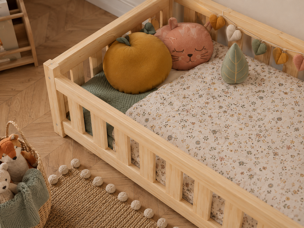 Lit enfant en bois ras du sol avec panneaux ajourés 90x190 – Lit Farandole