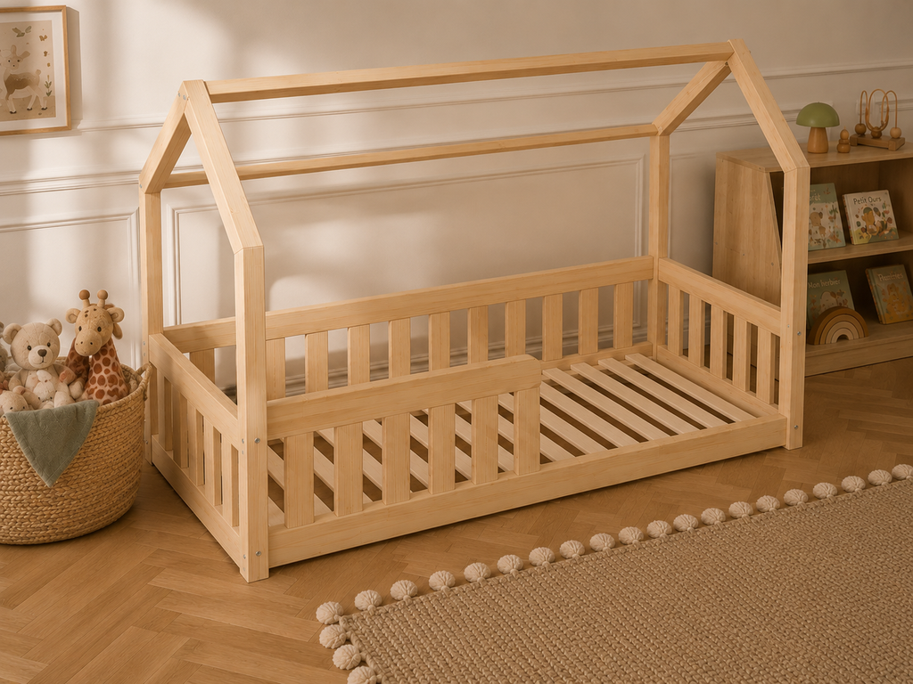 Lit double en bois en forme de maison avec barrières de sécurité 120x200 – Lit Cocon
