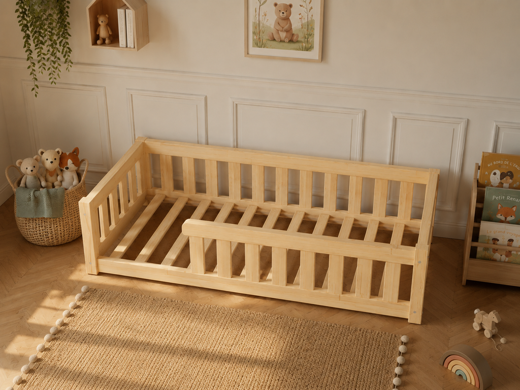 Lit enfant en bois ras du sol avec panneaux ajourés 90x190 – Lit Farandole