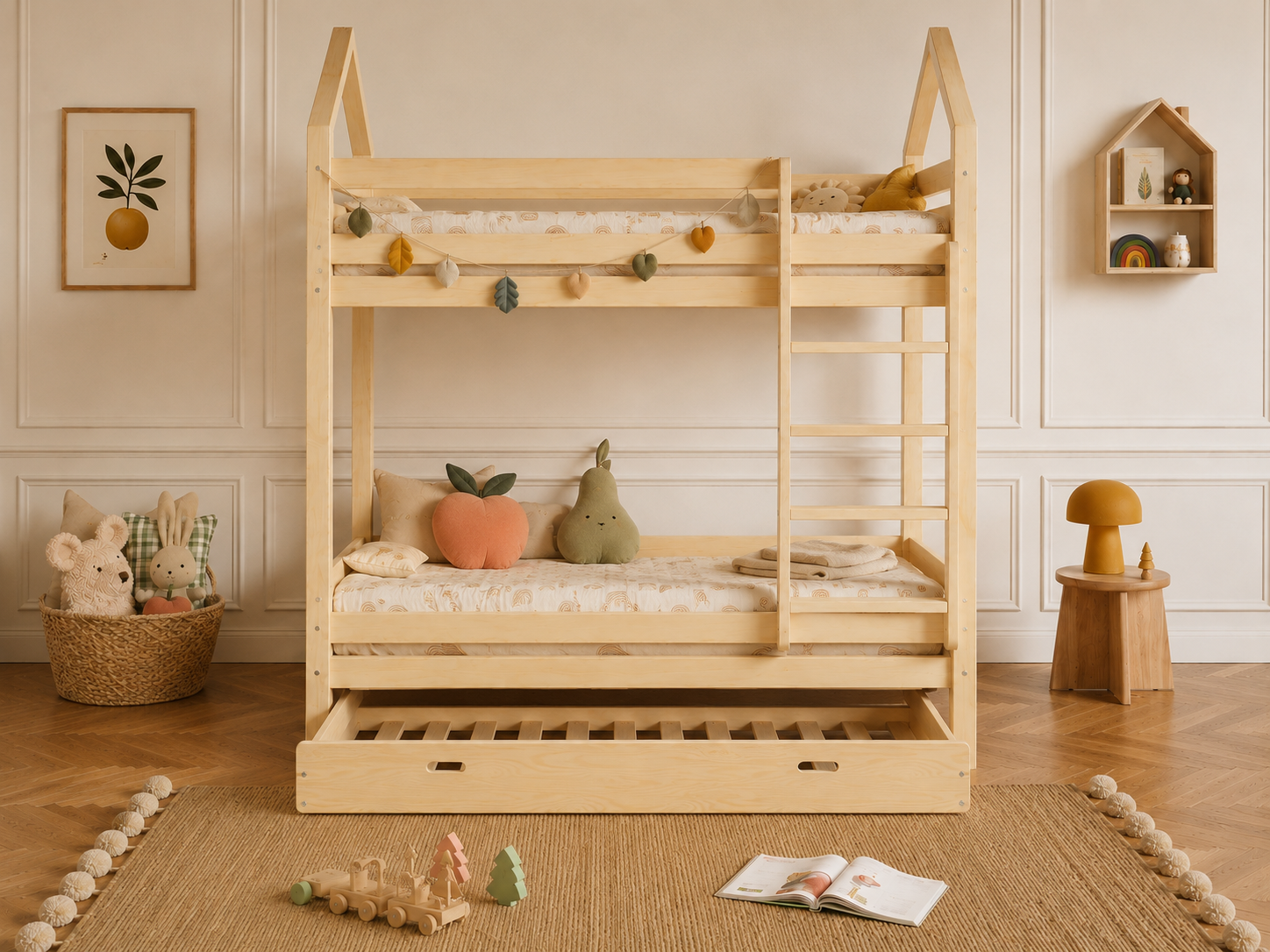 Lit superposé en bois avec toits façon cabane 90x190 – Lit Lucioles