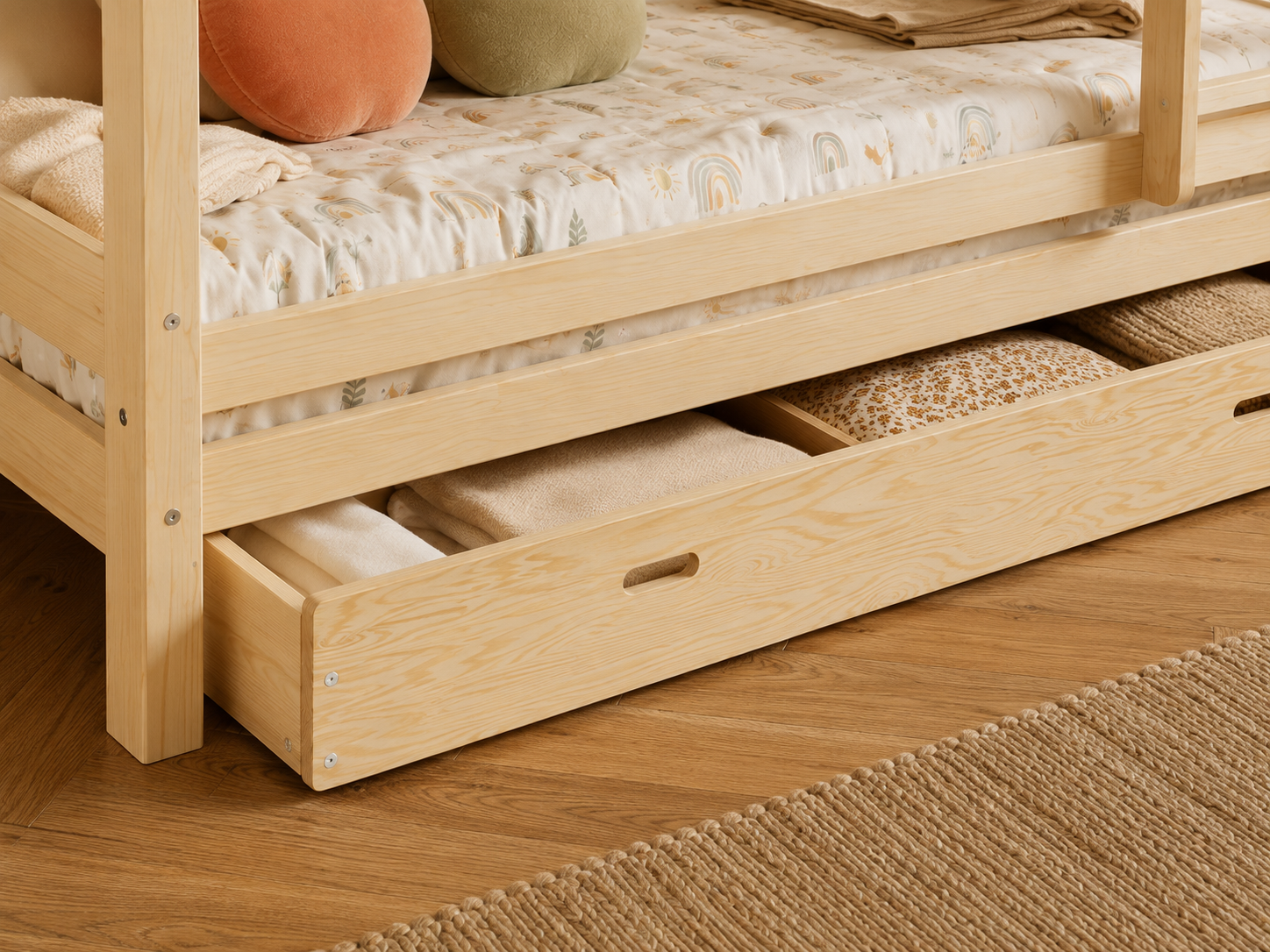 Lit superposé en bois avec toits façon cabane 90x190 – Lit Lucioles