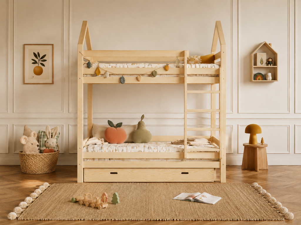 Lit superposé en bois avec toits façon cabane 90x190 – Lit Lucioles