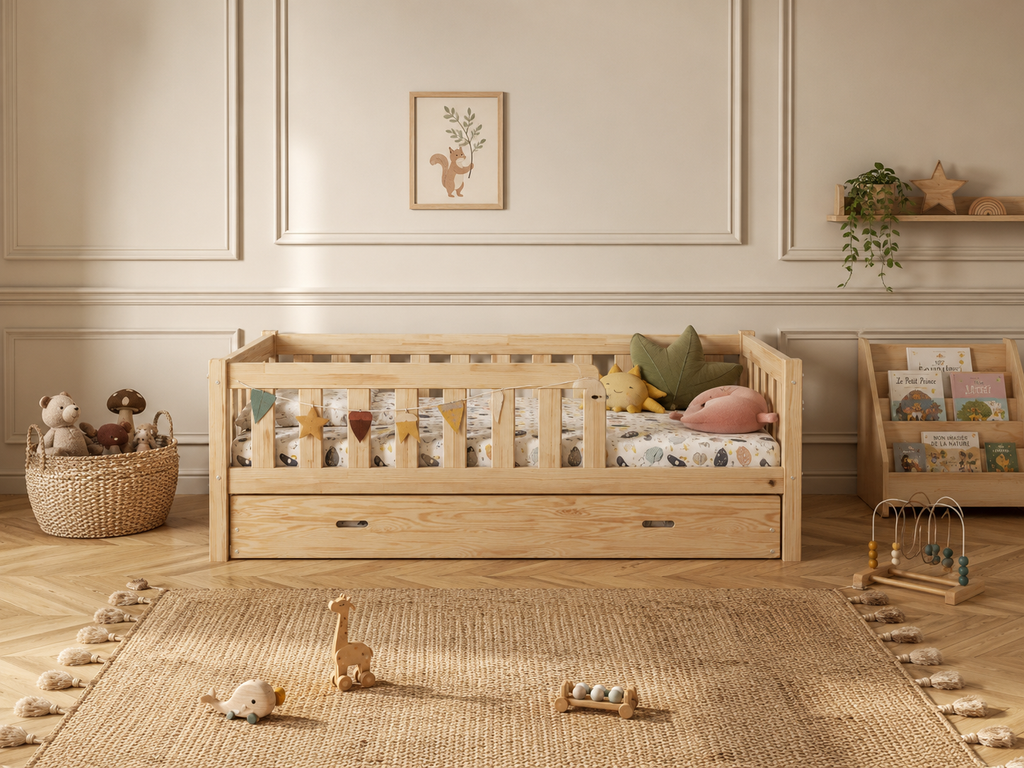 Lit simple 80x160 en bois avec barrières de protection enveloppantes – Lit Cocon