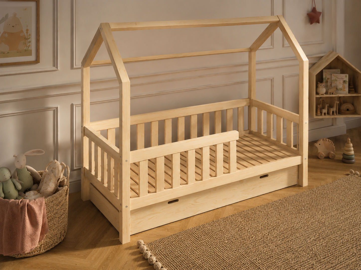 Lit double enfant en bois façon cabane avec barrières et tiroir 140x200 – Lit Doudou