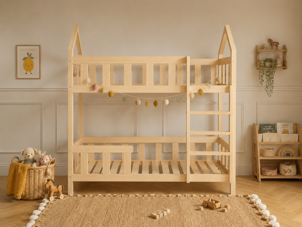 Lit superposé cabane 80x160 en bois avec barrières de sécurité et échelle – Lit Lucioles