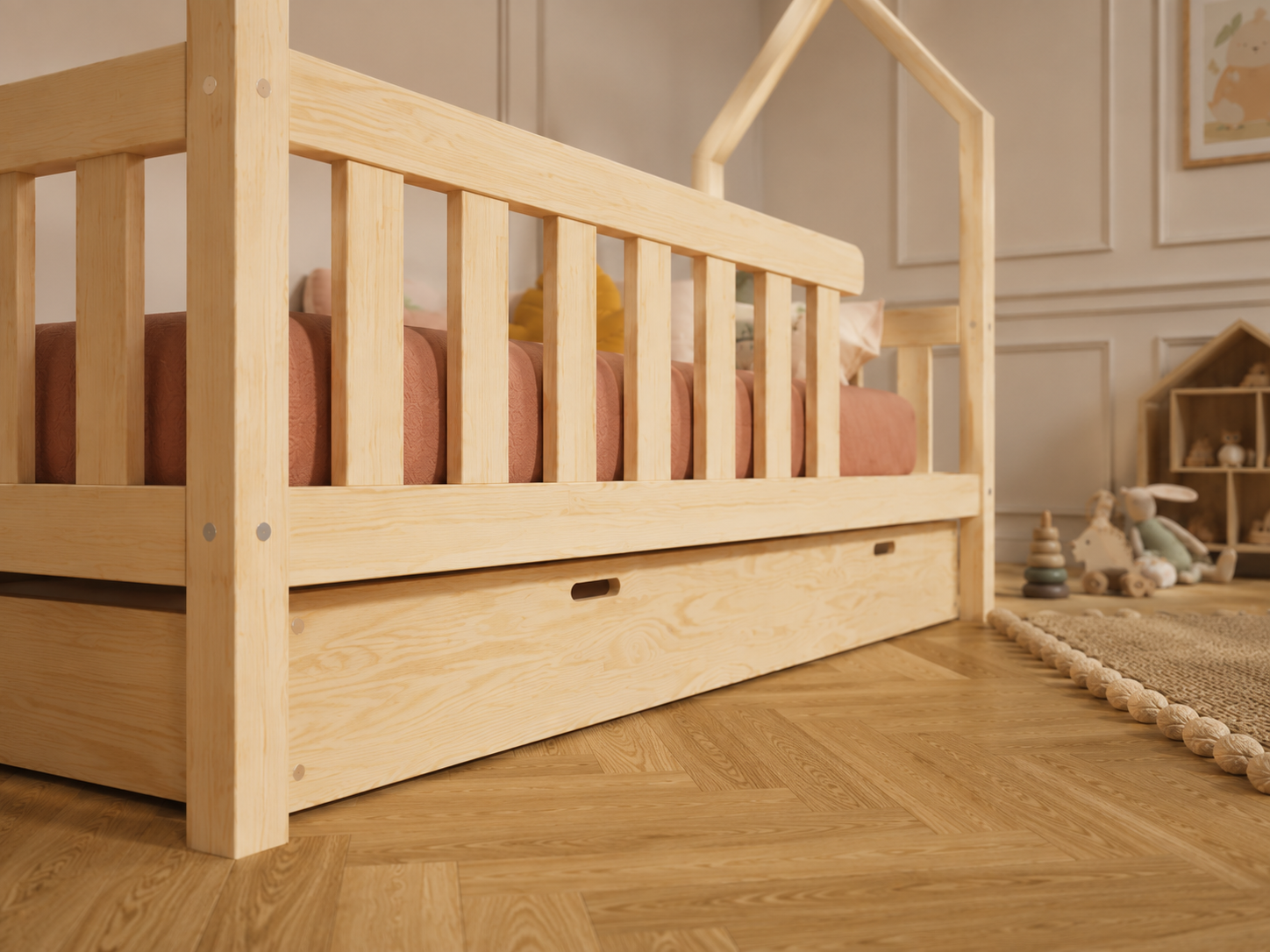 Lit double cabane 120x200 en bois avec barrières protectrices et toit façon maisonnette – Lit Rêverie