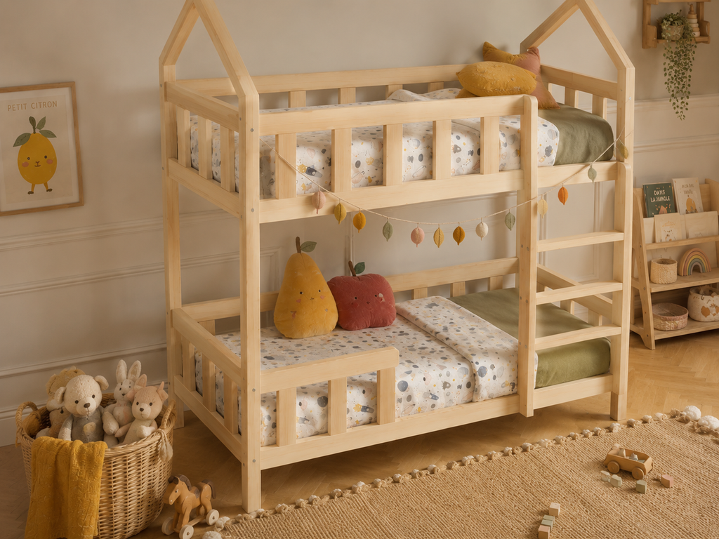 Lit superposé en bois avec toits cabane et barrières 90x190 – Lit Tendresse